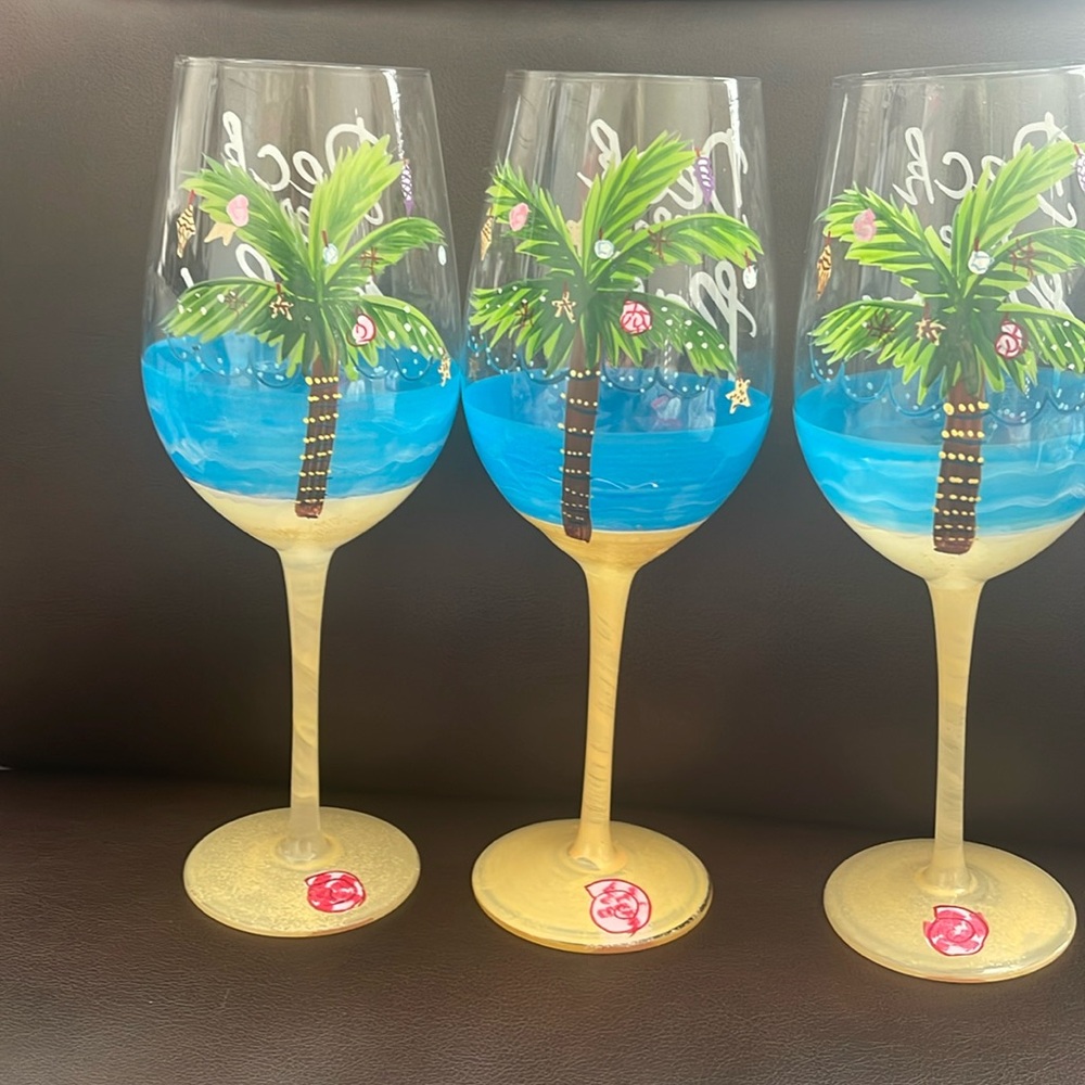 Set of 3 hand painted glass wine goblets “Deck the Palms”